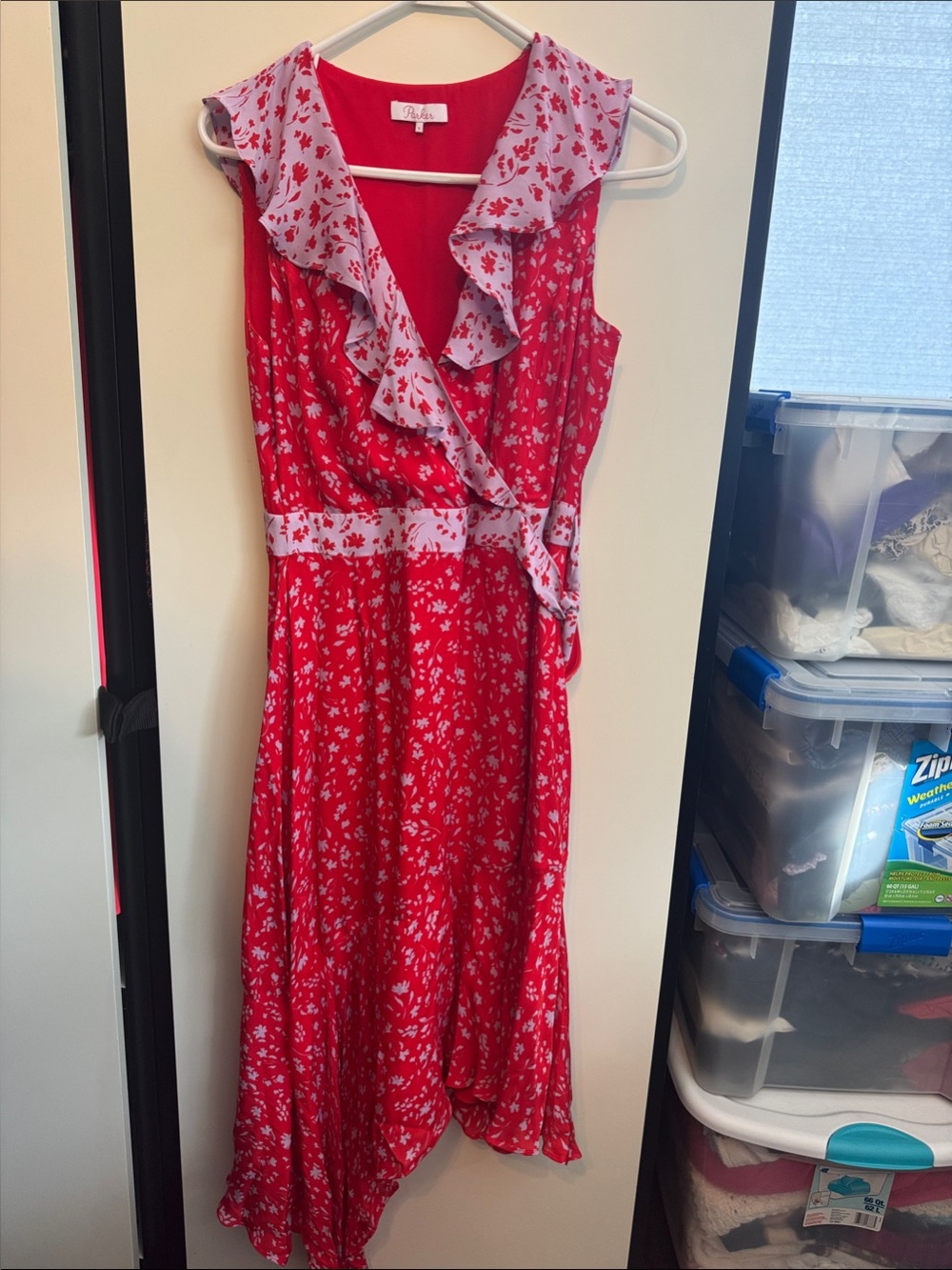 Parker Red Floral Ruffle-Trim High-Low Wrap Dress